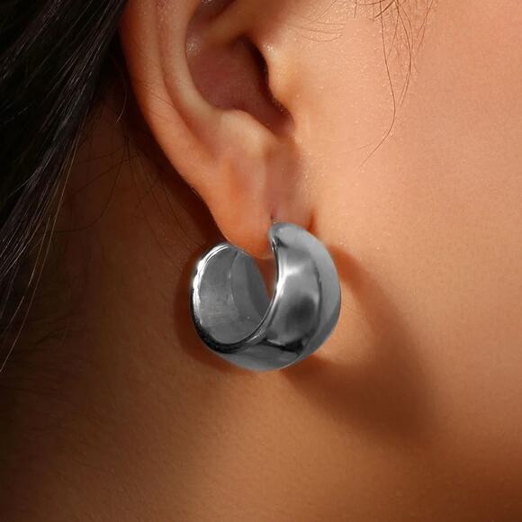 Silver Chunky Hollow C Shape‎ Hoop Earrings - Stainless Steel, Hypoallerg… - Picture 5 of 7